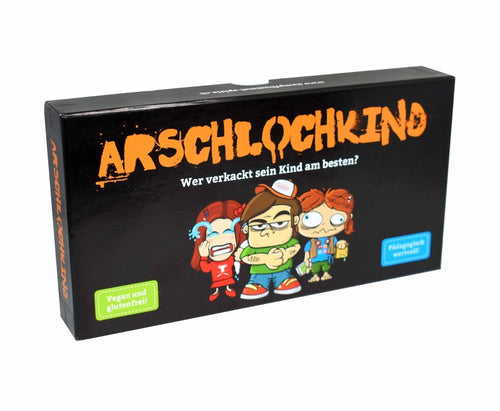 Arschlochkind von Kampfhummel, schwarze Box mit vier illustrierten Kindern, Vorderseite.