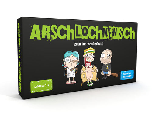 Arschlochmensch von Kampfhummel, schwarze Box mit drei illustrierten Figuren, Vorderseite.