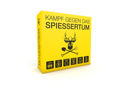 Kampf gegen das Spießertum Hauptspiel, gelbe Box mit Hirschlogo und Icons zu Spielern und Alter, Vorderseite.