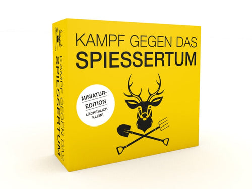 Kampf gegen das Spießertum Miniatur-Edition, gelbe Box mit Aufkleber Lächerlich klein, Vorderseite.