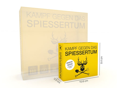 Kampf gegen das Spießertum Miniatur-Edition vor der Originalbox mit Maßen 10,6 × 3,5 × 9,4 cm.