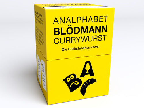 Analphabet Blödmann Currywurst von den Machern von Kampf gegen das Spießertum, gelbe Box mit Buchstabe A und Currywurst, Vorderseite.