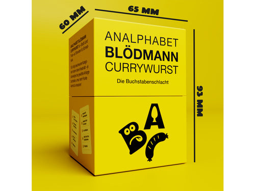 Analphabet Blödmann Currywurst: Box mit Maßangaben 60 × 65 × 93 mm.