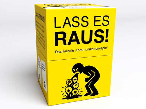Lass es raus! von den Machern von Kampf gegen das Spießertum, gelbe Box mit Strichfigur, Vorderseite.