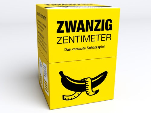 Zwanzig Zentimeter von den Machern von Kampf gegen das Spießertum, gelbe Box mit Banane und Maßband, Vorderseite.