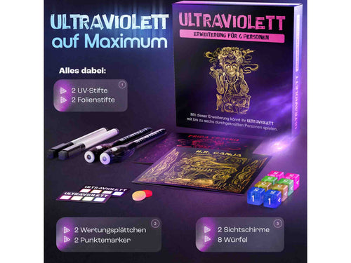 Ultraviolett Erweiterung für 5–6 Personen: Inhalt mit UV-Stiften, Folienstiften, Wertungsplättchen, Punktemarkern, Sichtschirmen und Würfeln.