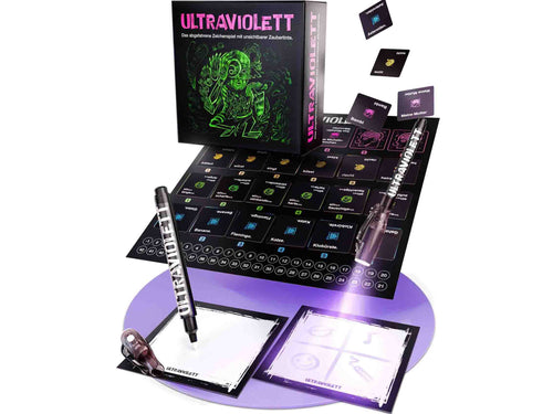 Ultraviolett: Spielplan, UV-Stift, Sichtschirm und Zeichenblock mit leuchtender Zeichnung.