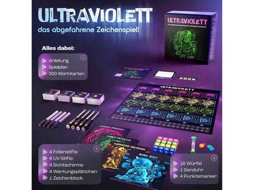 Ultraviolett: kompletter Spielinhalt mit Spielplan, 300 Wortkarten, Stiften, Würfeln und Sanduhr.