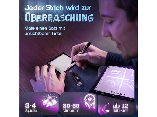 Ultraviolett: Hand zeichnet mit UV-Stift, Angaben 3–4 Spieler, 30–60 Minuten, ab 12 Jahren.