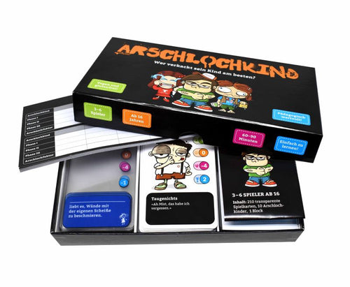 Arschlochkind: geöffnete Box mit Kartenfächern und Erziehungskarten.