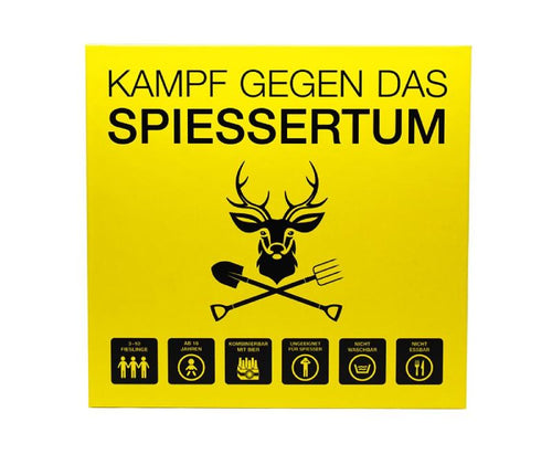 Kampf gegen das Spießertum Hauptspiel, gelbe Box mit Hirschlogo und Icons, Vorderseite.