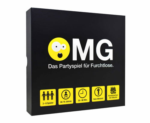 OMG, schwarze Box mit Emoji-Logo, Vorderseite mit Angaben 3–8 Spieler ab 16.