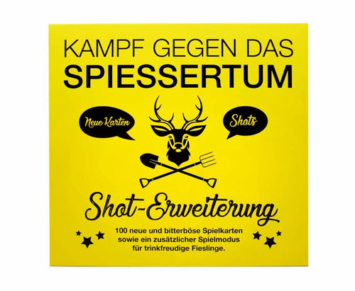 Kampf gegen das Spießertum Shot-Erweiterung, gelbe Box mit Hirschlogo und Sprechblasen, Vorderseite.