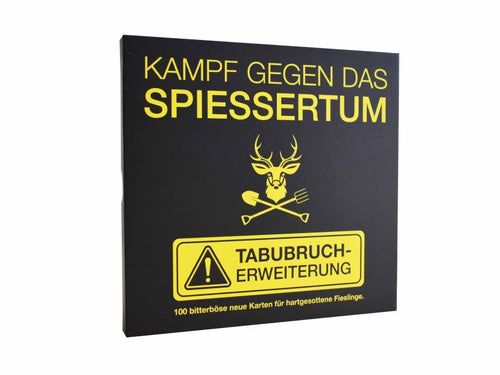 Kampf gegen das Spießertum Tabubruch-Erweiterung, schwarze Box mit gelbem Warnschild, Vorderseite.