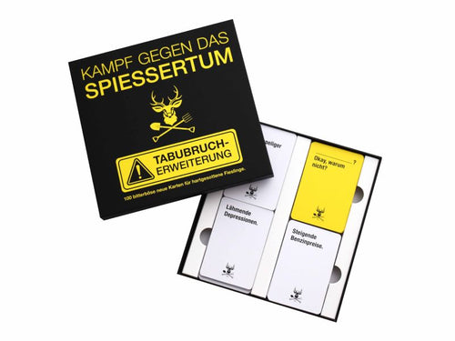Kampf gegen das Spießertum Tabubruch-Erweiterung: geöffnete Box mit gelben und weißen Karten.
